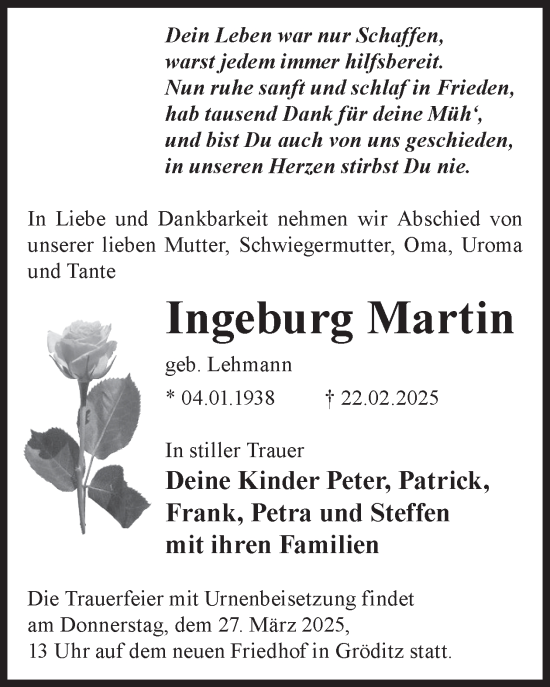 Traueranzeige von Ingeburg Martin von WochenKurier