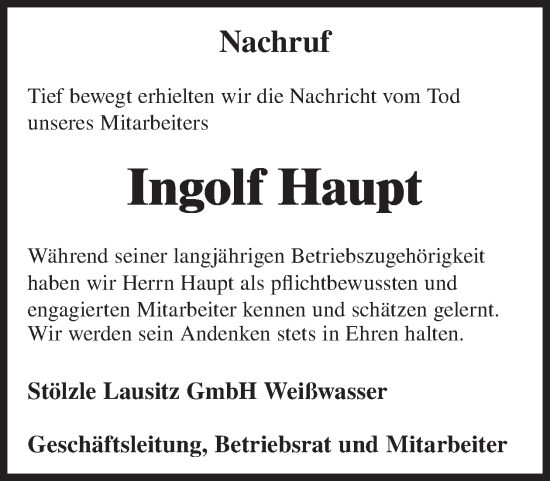 Traueranzeige von Ingolf Haupt von WochenKurier