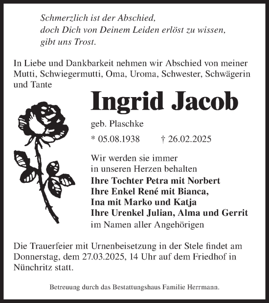 Traueranzeige von Ingrid Jacob von WochenKurier