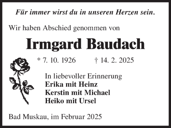 Traueranzeige von Irmgard Baudach von WochenKurier