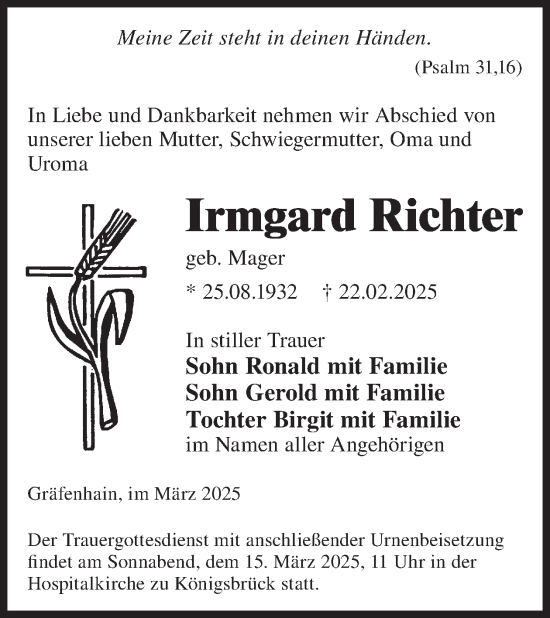 Traueranzeige von Irmgard Richter von WochenKurier