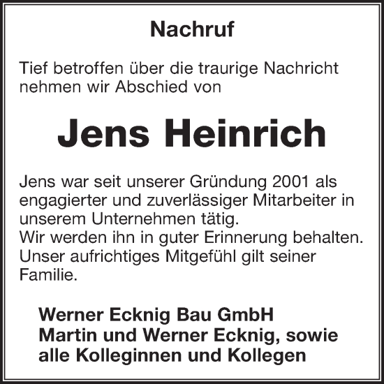 Traueranzeige von Jens Heinrich von WochenKurier