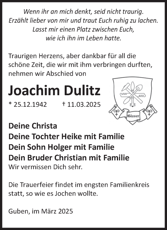 Traueranzeige von Joachim Dulitz von WochenKurier