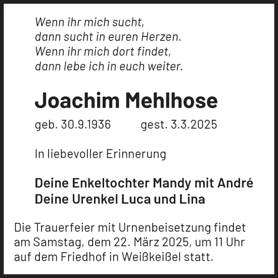 Traueranzeige von Joachim Mehlhose von WochenKurier