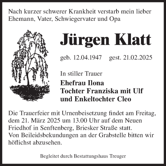 Traueranzeige von Jürgen Klatt von WochenKurier