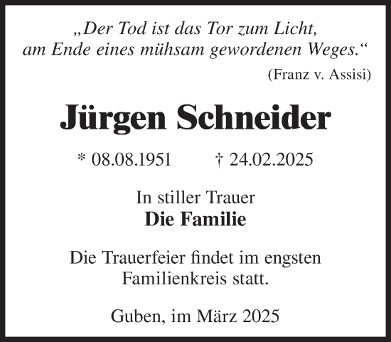 Traueranzeige von Jürgen Schneider von WochenKurier