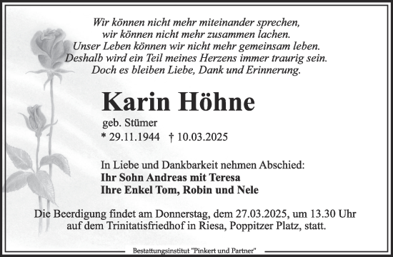 Traueranzeige von Karin Höhne von WochenKurier