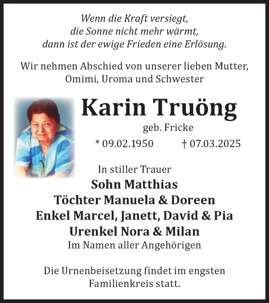 Traueranzeige von Karin Truöng von WochenKurier