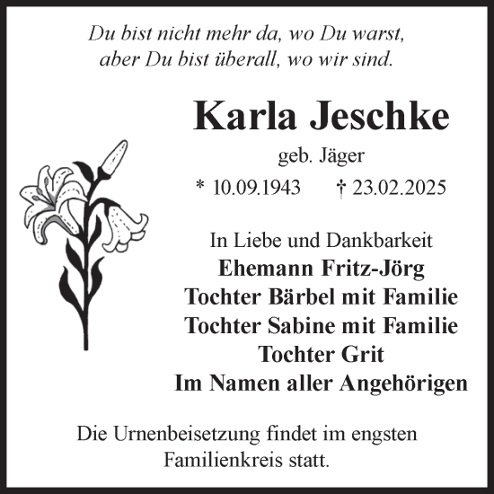 Traueranzeige von Karla Jeschke von WochenKurier