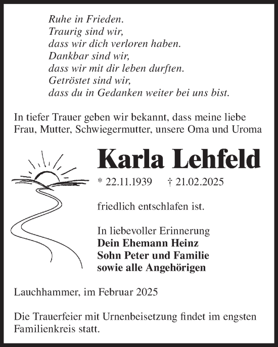 Traueranzeige von Karla Lehfeld von WochenKurier