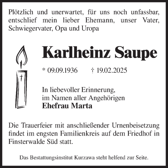 Traueranzeige von Karlheinz Saupe von WochenKurier