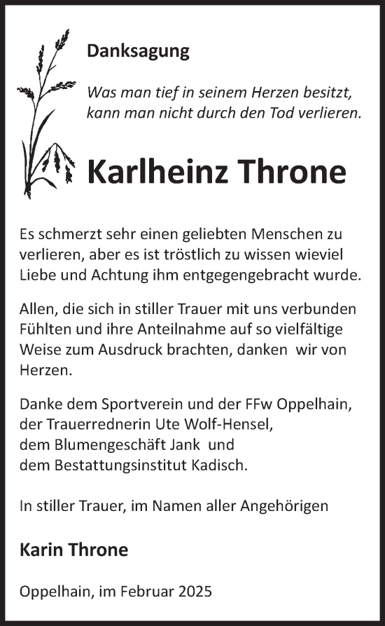 Traueranzeige von Karlheinz Throne von WochenKurier