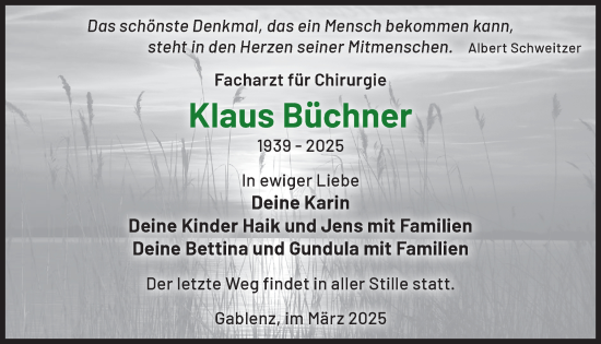 Traueranzeige von Klaus Büchner von WochenKurier