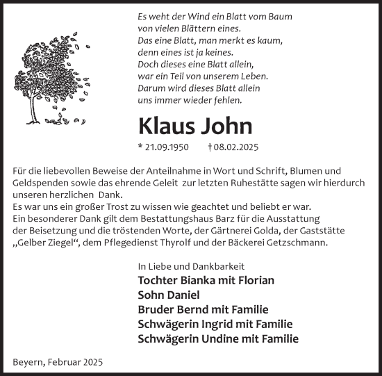 Traueranzeige von Klaus John von WochenKurier