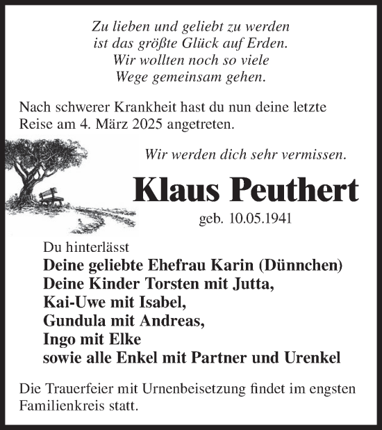 Traueranzeige von Klaus Peuthert von WochenKurier