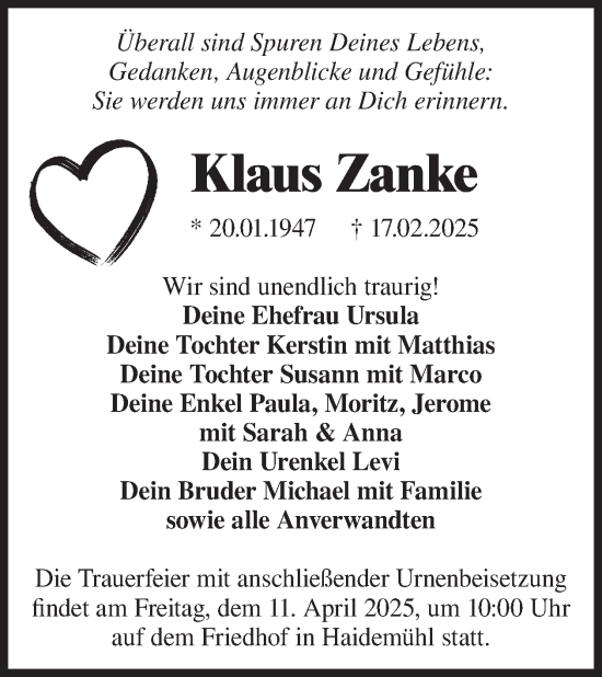 Traueranzeige von Klaus Zanke von WochenKurier