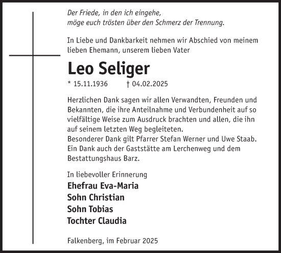 Traueranzeige von Leo Seliger von WochenKurier