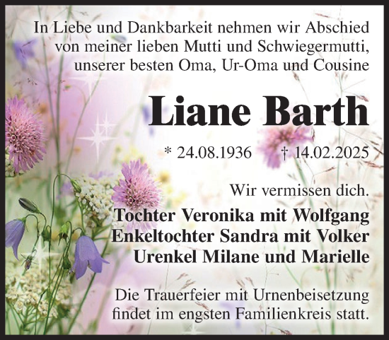 Traueranzeige von Liane Barth von WochenKurier