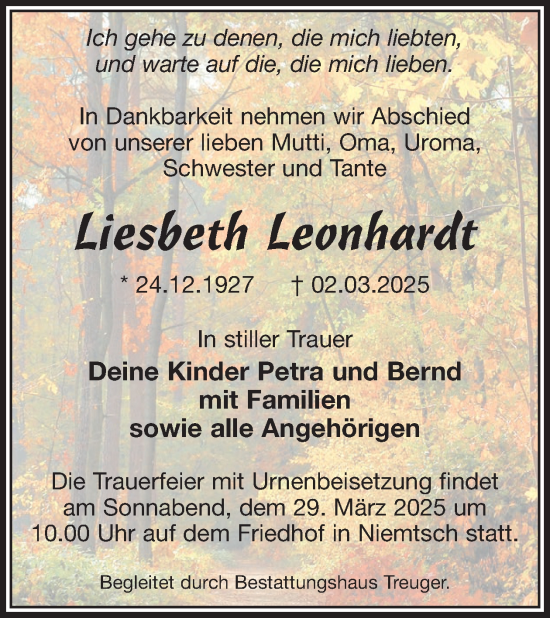 Traueranzeige von Liesbeth Leonhardt von WochenKurier