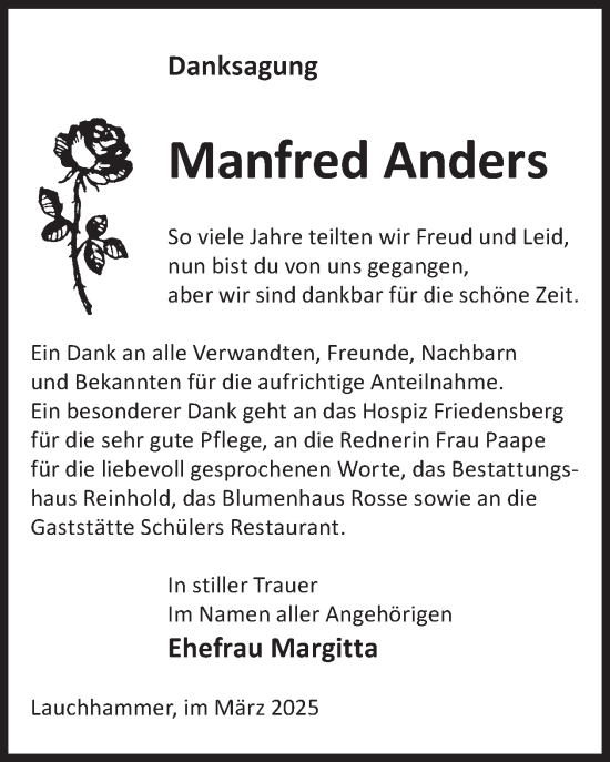 Traueranzeige von Manfred Anders von WochenKurier