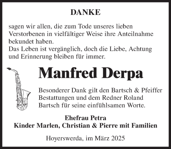 Traueranzeige von Manfred Derpa von WochenKurier