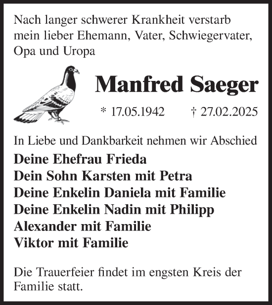 Traueranzeige von Manfred Saeger von WochenKurier