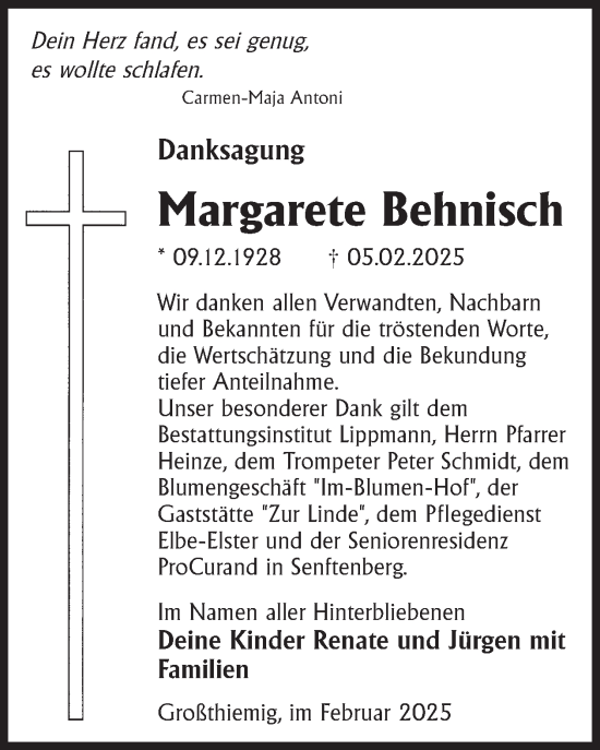 Traueranzeige von Margarete Behnisch von WochenKurier