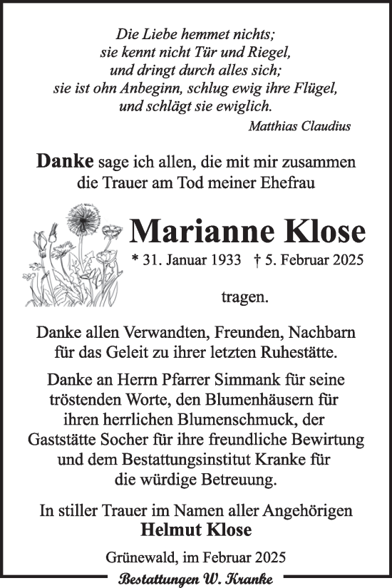 Traueranzeige von Marianne Klose von WochenKurier