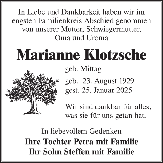 Traueranzeige von Marianne Klotzsche von WochenKurier