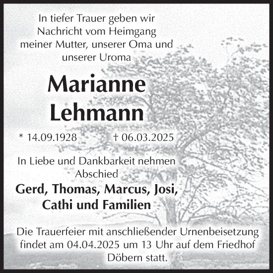 Traueranzeige von Marianne Lehmann von WochenKurier