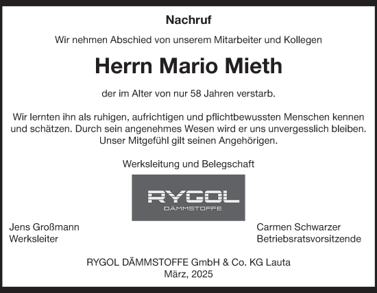 Traueranzeige von Mario Mieth von WochenKurier