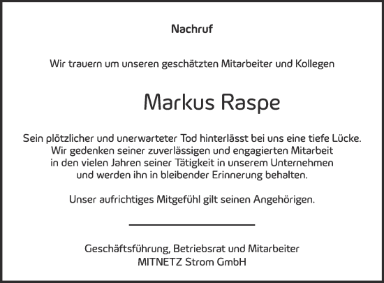 Traueranzeige von Markus Raspe von WochenKurier