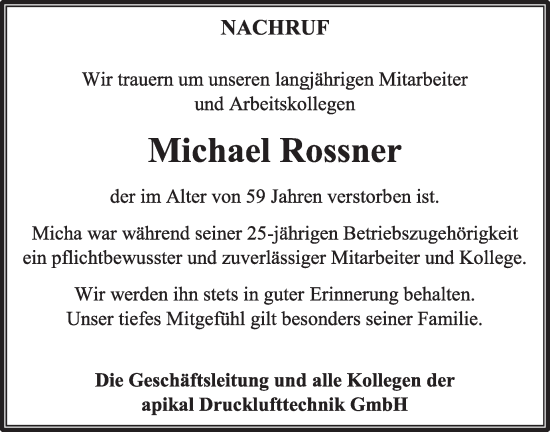 Traueranzeige von Michael Rossner von WochenKurier