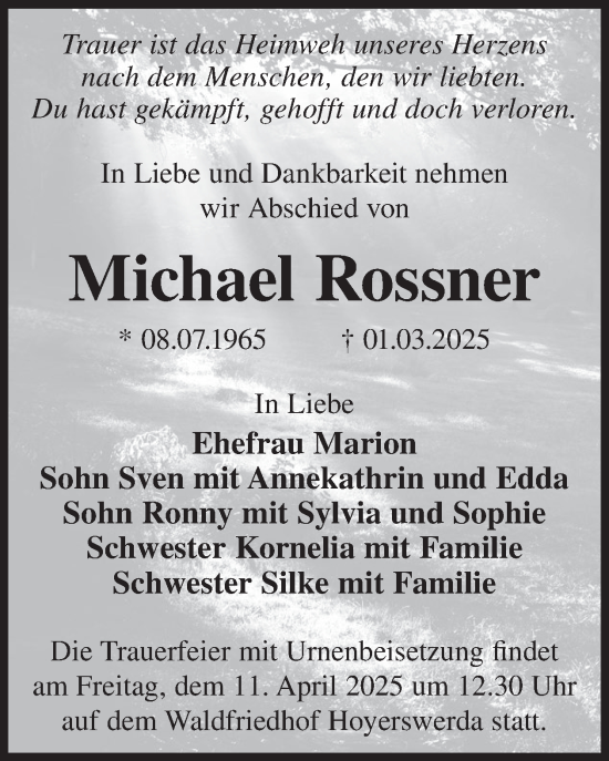 Traueranzeige von Michael Rossner von WochenKurier