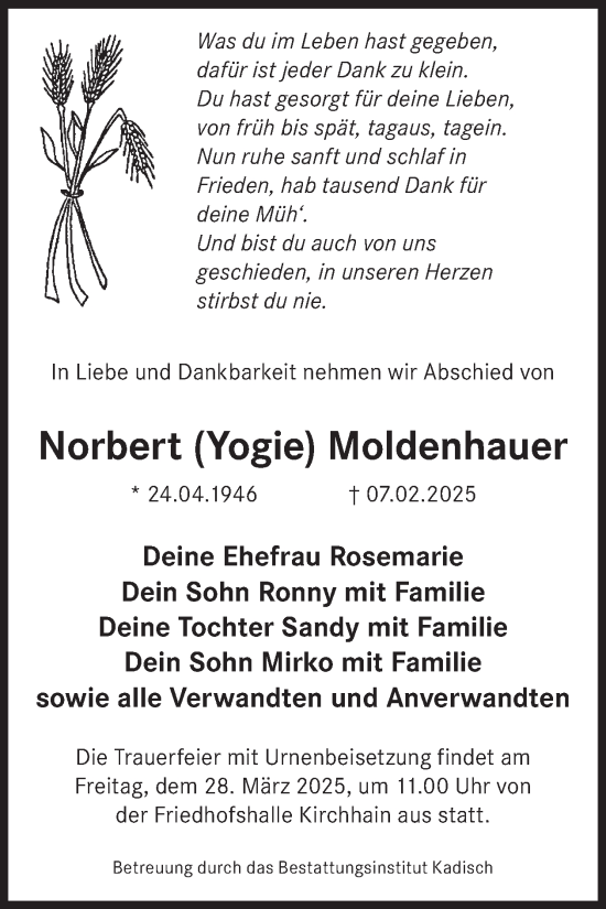 Traueranzeige von Norbert Moldenhauer von WochenKurier