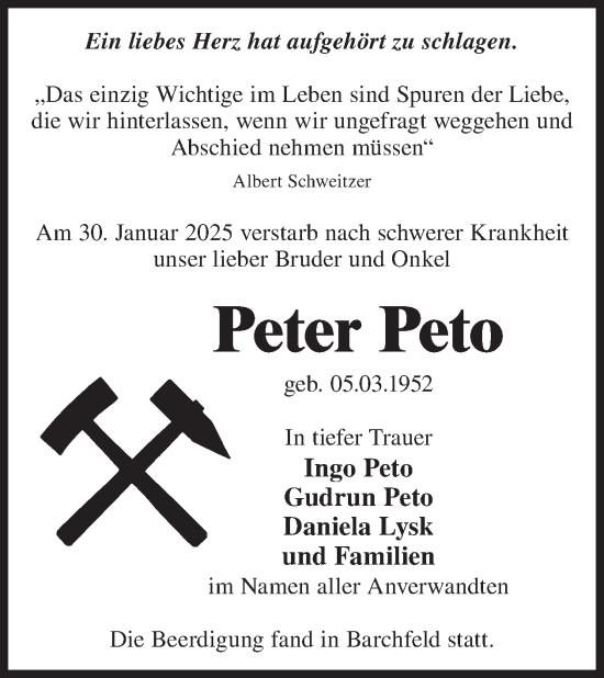 Traueranzeige von Peter Peto von WochenKurier