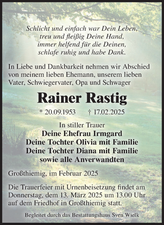 Traueranzeige von Rainer Rastig von WochenKurier