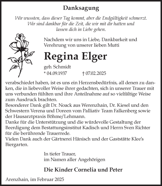 Traueranzeige von Regina Elger von WochenKurier