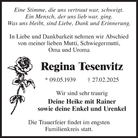 Traueranzeige von Regina Tesenvitz von WochenKurier