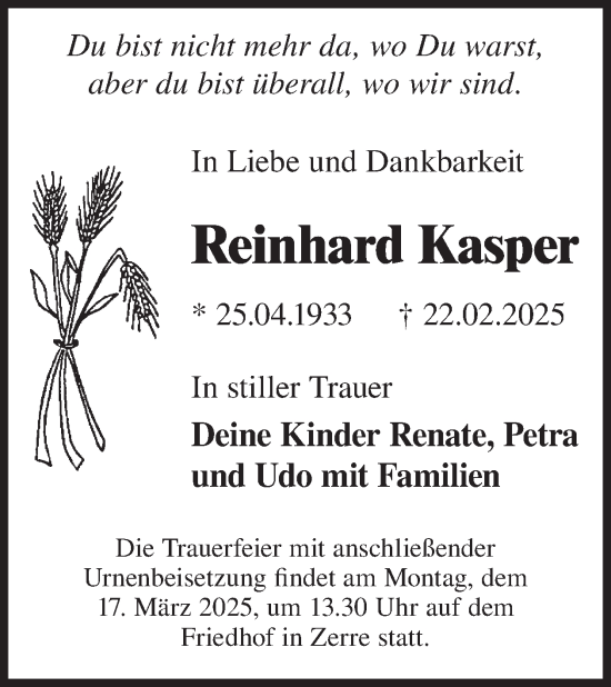 Traueranzeige von Reinhard Kasper von WochenKurier