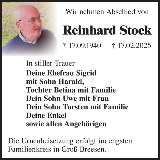 Traueranzeige von Reinhard Stock von WochenKurier