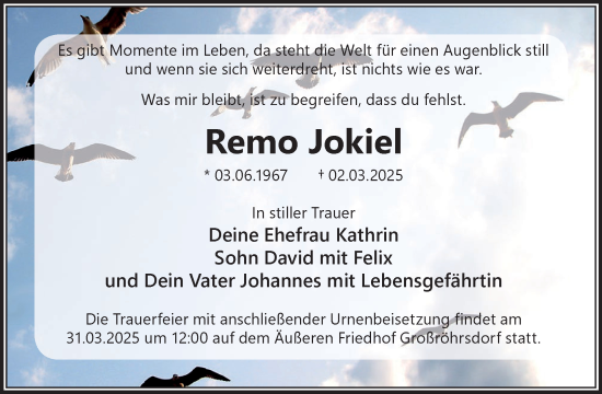 Traueranzeige von Remo Jokiel von WochenKurier