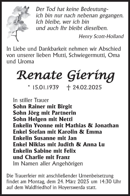 Traueranzeige von Renate Giering von WochenKurier