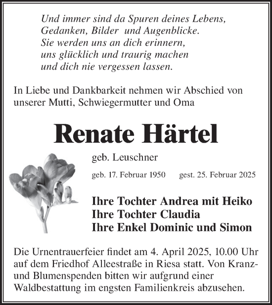 Traueranzeige von Renate Härtel von WochenKurier