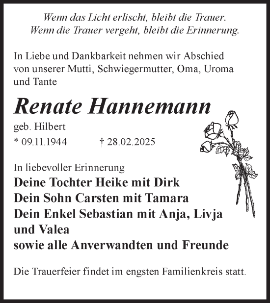 Traueranzeige von Renate Hannemann von WochenKurier