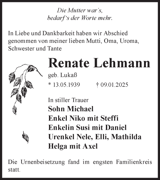 Traueranzeige von Renate Lehmann von WochenKurier