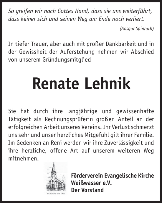 Traueranzeige von Renate Lehnik von WochenKurier