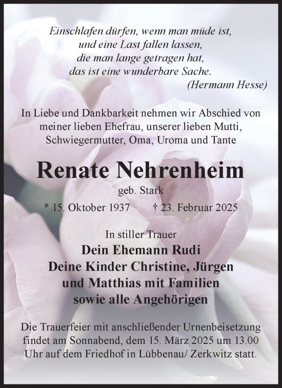 Traueranzeige von Renate Nehrenheim von WochenKurier