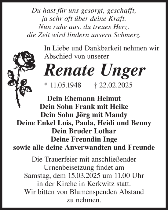 Traueranzeige von Renate Unger von WochenKurier