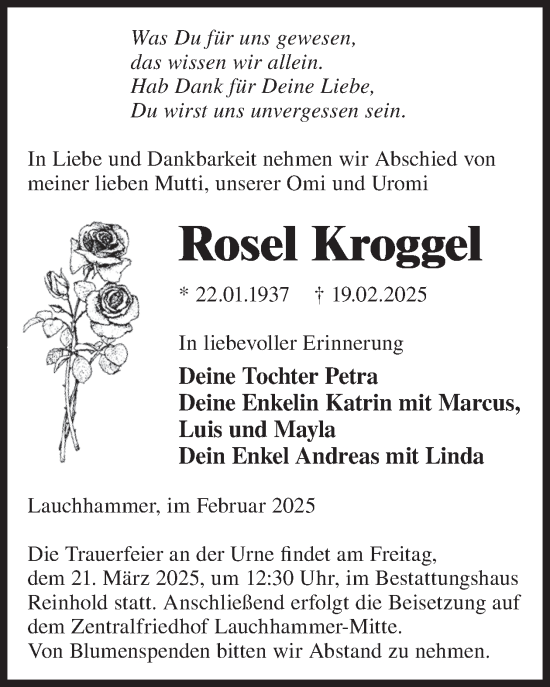 Traueranzeige von Rosel Kroggel von WochenKurier